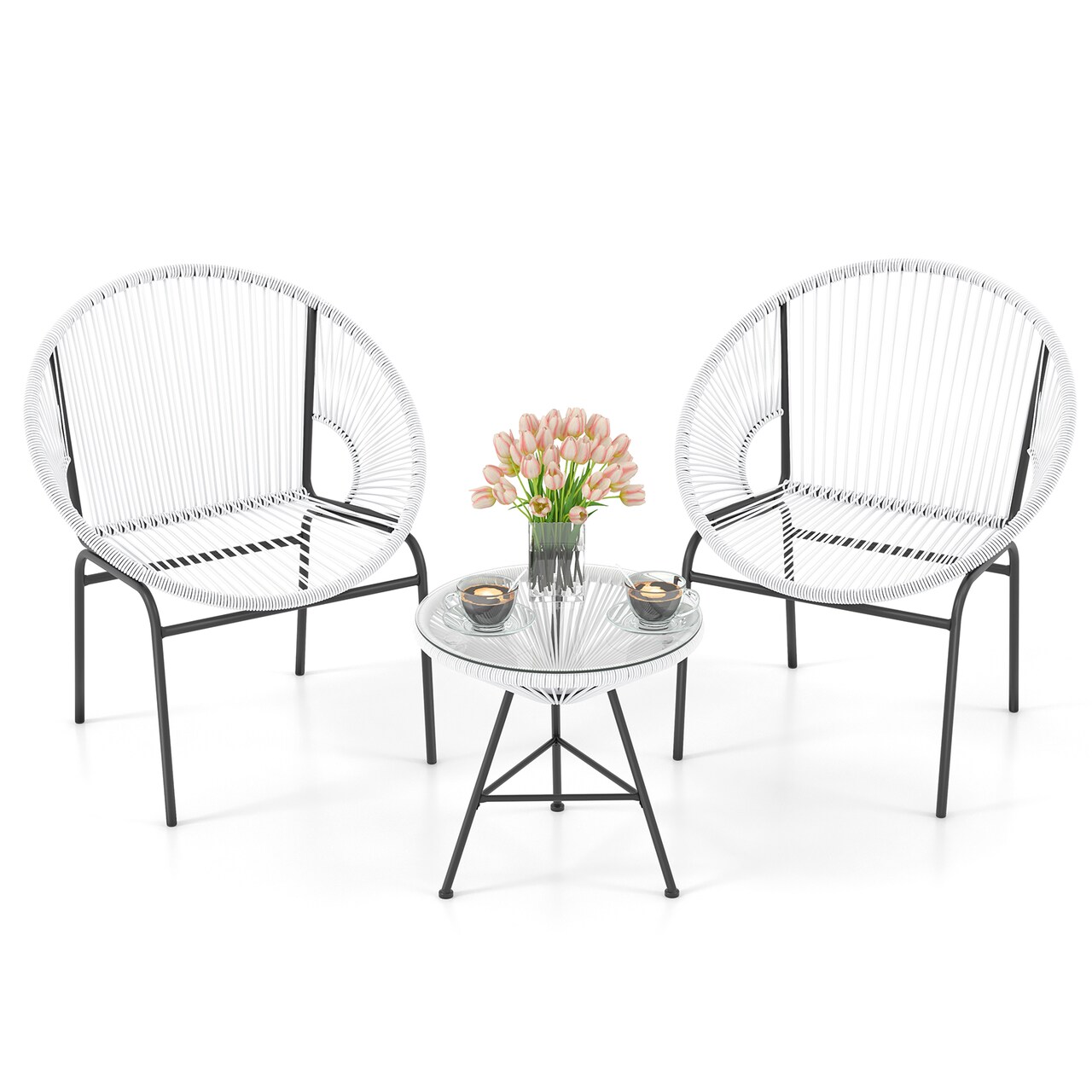 3-Piece White Acapulco Patio Set with 2 Chairs & Tempered Glass Table